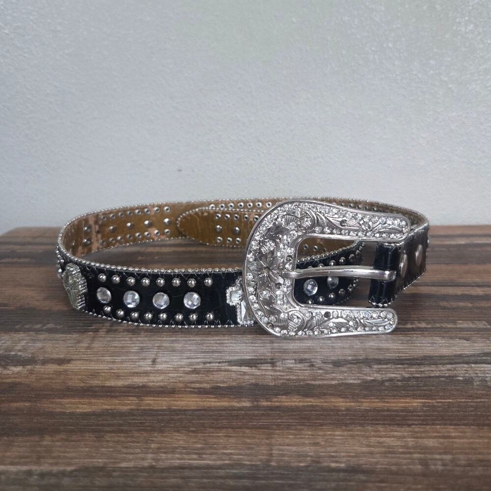 Rhinestone Woman's Bling Cross Black Western Belt Silver Buckle